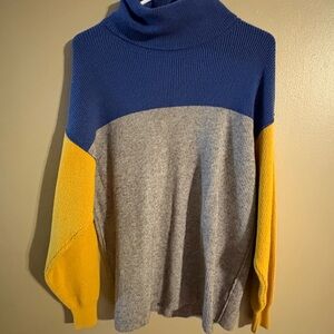 Free People Colorblock Turtleneck Sweater Blue Gray Yellow Oversized Knit XS/S